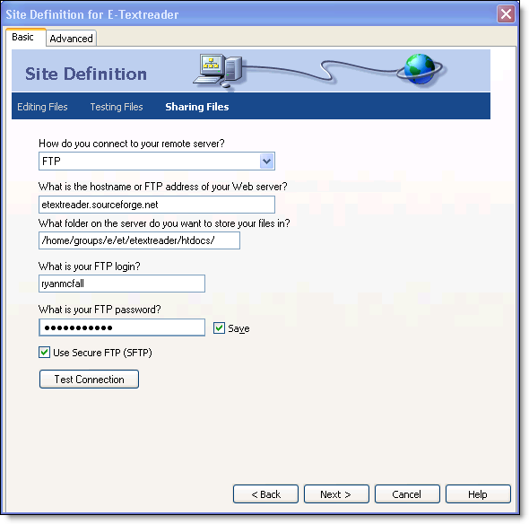 Screenshot of settings for setting up dreamweaver